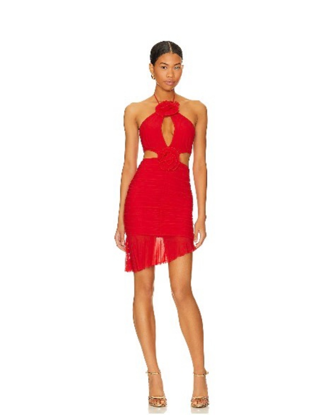 MAJORELLE Red Halter Cutout Mini Dress with Rosette